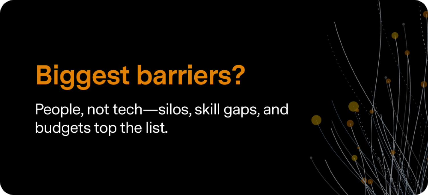 Biggest barriers? People, not techÃƒÆ’Ã†â€™Ãƒâ€šÃ‚Â¢ÃƒÆ’Ã‚Â¢ÃƒÂ¢Ã¢â€šÂ¬Ã…Â¡Ãƒâ€šÃ‚Â¬ÃƒÆ’Ã‚Â¢ÃƒÂ¢Ã¢â‚¬Å¡Ã‚Â¬Ãƒâ€šÃ‚Âsilos, skill gaps, and budgets top the list. 